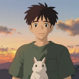 Friendly guy and small creature, sunset sky, made by Studio Ghibli, accent lighting, front lit, highly detailed art, beautiful scene, sharp focus, smooth, 8k, anime art, artgerm