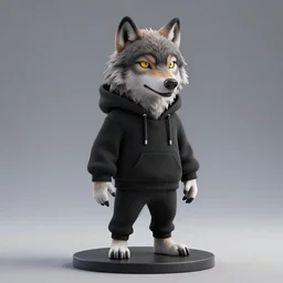 Wolf dressed black hoodie, as a figurine, octane render, unreal engine, 3D rendering, studio, light, artstation