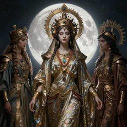 goddess of the moonlit dead with her regalia, by Annie Swynnerton and Nicholas Roerich and jean delville, dramatic cinematic lighting , ornate headdress , flowing robes, lost civilizations, extremely detailed