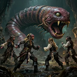 pirates fighting giant screaming worm, cinematic atmosphere, maximized, high detail, 8k, ornate, dark fantasy, masterpiece, complex, film still from the movie directed by Denis Villeneuve