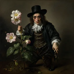 creepy mugwump gentleman flowers and insects by otto marseus van schriek rachel ruysch christian rex van minnen dutch golden age dramatic lighting chiaroscuro modern, xf iq 4, 1 5 0 mp, 5 0 mm, f 1. 4, iso 2 0 0, 1 / 1 6 0 s, natural light, adobe photoshop