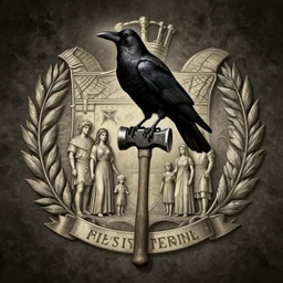 a crow perched on a hammer, centered on family crest, coat of arms, very detailed, artstation, mysterious, mythical, greek mythology, norse mythology, full frame, dramatic shading, jonathan pointer, janie penny,