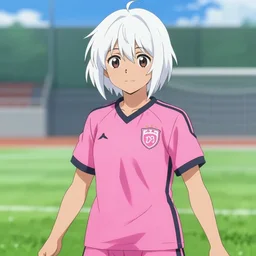 teenage hispanic girl, white hair, short hair, pink soccer uniform, anime, koshi rikudo