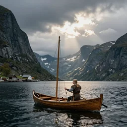 A teenage Viking sailing her longboat through a Norwegian fjord