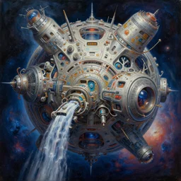 a cinematic view of an orbital space habitat, complex organic computers, retrofuturism, sci - fi art, oil on canvas, nebula waterfalls, hard sufaces, details, hyper - detailed, hd, hdr, 4 k, 8 k