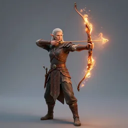 elven archer, 3D, realistic, unreal engine, burning bow