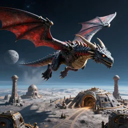 space dragon flying over a space viking moon base, fantasy apocalypse, digital art, 4 k