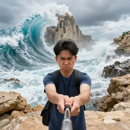 selfi stick photography of an annoying tourist visiting atlantis during the catastrophic tilad wave, highly detailed, photorealistic