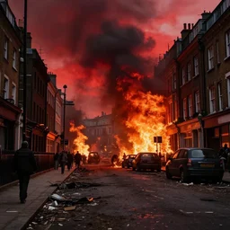 dirty, dark, streets of London, huge fires flaming through the streets, blood red colored sky, apocalpyse, debris on the floor