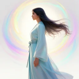 side profile, maya ali, gloomhaven, wind sorcerer, dota 2 character, robes, octane render, elegant, smooth, bright backlit, colorful swirly magic ripples, pastel colors, by greg rutkowski, jesper ejsing, ilya kuvshinov, artgerm, mucha