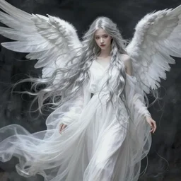 tall thin beautiful goddess, pale wan female angel, long flowing silver hair covering her whole body, beautiful painting, young wan angel, flowing silver hair, flowing white robes, flowing hair covering front of body, white robe, white dress of silver hair, covered, clothed, aesthetic, mystery