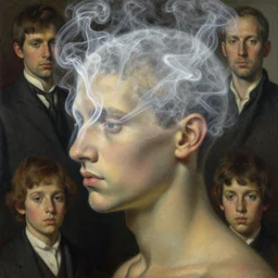 my head is covered with transparent smoke, a painting by john harris, barlowe wayne, maxfield parrish, gustave dore and marco mazzoni. hyper detailed.