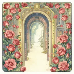 portal to another dimension, surrounded by roses and electric circuitry. art noveau watercolor by moebius and clamp.