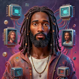 stylish caricature - 3 d vfx - drew struzan movie poster - art of an african jesus surrounded by wired anc compuer chips, art style by james jean & hsiao - ron cheng, unreal engine render, digital illustration, sharp, intricate detail, volumetric lighting, ray tracing, soft light, colourful, claymation style, ernie barnes style, symmetry, acrylic on canvas, pinterest