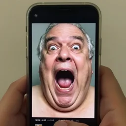 a reflection of a wide eyed screaming fat old man in a phone screen, fresnel reflection