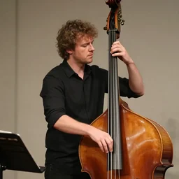 a photo of simon brehm playing an acoustic double bass, hyperrealistic, photograph