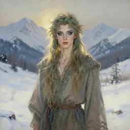 faerie male glam rocker in the snowy mountains. gouache fairytale art, russian romanticism, muted palette, backlighting, depth of field.