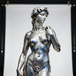 ( statue of the perfect woman ) designed by michelangelo, studio photo, white backdrop, studio light, solid works, octane render, macro shot, in focus, dept of field, silver, blue, black design
