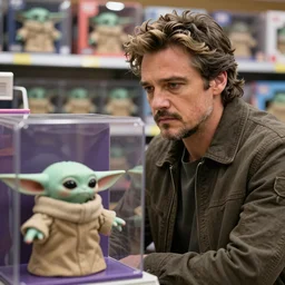 Pedro Pascal looking somberly at a Grogu toy locked in a toy store display