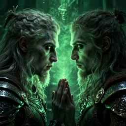 symmetrical face, cinematic romantic magical, greek myth, masterpiece, side profile, crazed, deep dark armor, luminescent, scandinavian god odin, wisdom, sickly green colors, by greg manchess, huang guangjian, gil elvgren, sachin teng, greg rutkowski, jesper ejsing, ilya kuvshinov