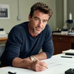 detailed portrait of pierce brosnan at an architect's drafting table