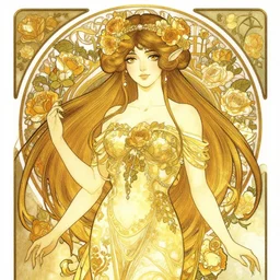 Ethereal elven goddess of roses and gold. She is from Southern Asia. Manga artbook illustration by CLAMP and Alphonse Mucha.
