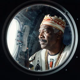 analogue photo of an African tribal chief inside the orbiter of a space shuttle, looking at porthole window, close-up, colour, photo shot by martha cooper, 35mm,