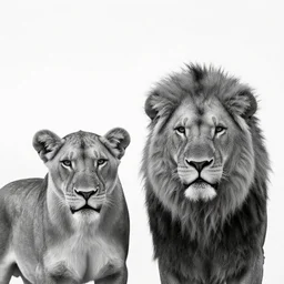 very close lion and lioness black and white portrait white sky in background