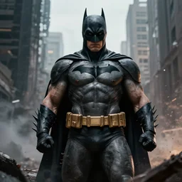 Super muscular Batman in an apocalyptic city, photo realistic