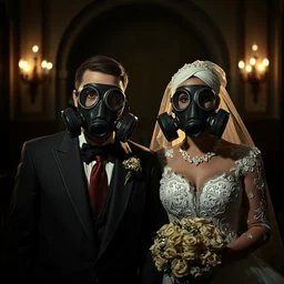 disturbing big budget hollywood movie bride and groom wearing gas masks at the marriage of reason and squalor perfect composition dramatic lighting chiaroscuro