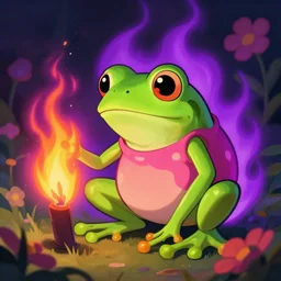 A frog wearing a top watching flowers burn with a purple flame, digital art