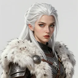 barbarian, fur leather armor!!! beautiful and elegant white hair female!! gorgeous ayes!! character concept art, sharp focus, octane render! unreal engine 5! highly rendered!! trending on artstation!! detailed linework!! illustration by artgerm, wlop, and chie yoshii