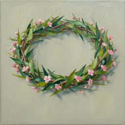 painting of green thorn crown with pink little flowers