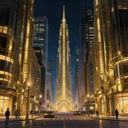 Main street in an epic art deco city at night, anime, streamline moderne, dieselpunk, shiny brass, cinematic, skyscrapers in the distance, a sci-fi digital painting by Greg Rutkowski and James Gurney, trending on Artstation, highly detailed