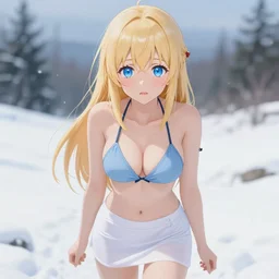 winter picture : a shivering very beautiful grown blond anime girl, detailed sky blue eyes, cute, bikini, white miniskirt, highly detailed, cinematic wallpaper by stanley artgerm lau