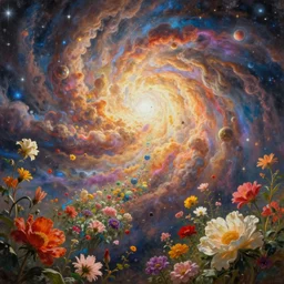 a fine painting of a glorious place where the heavens open to the great cosmos, where flowers are launched into the unknown 8 k, ultra realistic, lens flare, atmosphere, glow, detailed, intricate, full of colour, cinematic lighting, trending on artstation, 4 k, hyperrealistic, focused, extreme details, unreal engine 5, cinematic, masterpiece