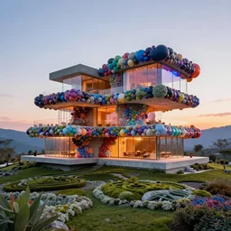 extremely detailed non-Euclidean stunning sophisticated thin beautiful house of 6 cantilevered construction levels made of multi-colored plastic balls , stunning volumetric light, sunset, multi-colored concrete and glass and translucent material, stunning ski,outside is multi-colored by moss and lichen manicured zen carved lawn, drawing by Giacomo Burattini and Shania McDonagh and grok and grok again, 8k