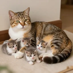 a godlike cat figure relaxing with its kittens