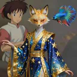 portrait of an ethereal humanoid colorful gold blue starry fox peacock betta fish hybrid character accented in bright metallic gold, wearing star filled magic imbued mage robes, art by yuji ikehata, background art by miyazaki, realism, fully clothed