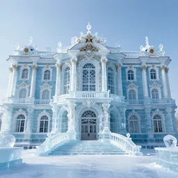 a regal baroque palace made of crystal - clear ice, majestic, ice fractal palace, realistic fantasy photograph