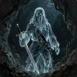 ultra realistic color portrait painting of a tranparent 1 7 th century pirate ghost with a sword in a grotto, dark, painted, brooding, atmospheric, seascape, horror, smooth, epic, highly detailed, cinematic, artstation, by leesha hannigan