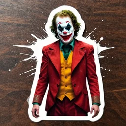 die cut sticker, walter white wearing the joker suit, splatter paint