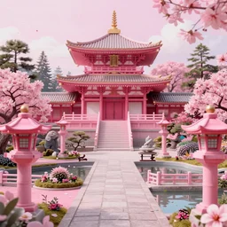 Wide shot, hyperdetailed masterpiece concept art of a pink Japanese garden with a temple in the middle, 4k Detailed Matte Illustration trending on ArtStation