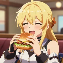 yuuki konno from sword art online eating a big burger and being happy, High Definition detail, 8K, anime