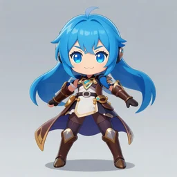 female warrior, fantasy setting, smile, symmetrical eyes, blue hair, symmetrical face, full body action pose, artgerm, loish, kawaii