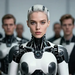 portrait of a stunningly beautiful futuristic female robot, black and whit armour, from a chris cunningham music video, depth of field, zeiss lens, detailed, symmetrical, centered, fashion photoshoot, by Annie Leibovitz and Steve McCurry, David Lazar, Jimmy Nelsson, Breathtaking, 8k resolution, extremely detailed, beautiful, establishing shot, artistic, hyperrealistic, beautiful face, octane render