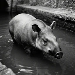 A humanoid tapir, half submerged in a medieval canal. Dark Fantasy, Film Noir, Black and White. High Contrast, Duane Loose , Traveller RPG