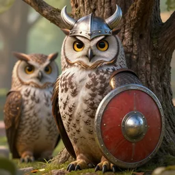 A detailed, highly realistic anthropomorphic owl with a viking helmet and round shield standing in front of a tree, an anthropomorphic owl with a fluffy face wearing armor in front of a tree, digital art, artstation