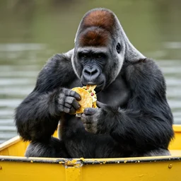 gorilla in a yellow boat eating tacos