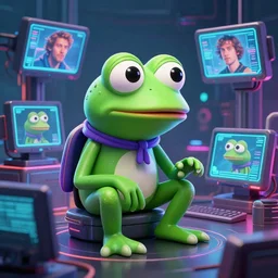 futuristic pepe the frog, cyberpunk, vaporware, computers, dylan kowalski, marat zakirov, albert ramon puig, trending on artstation, 8 k